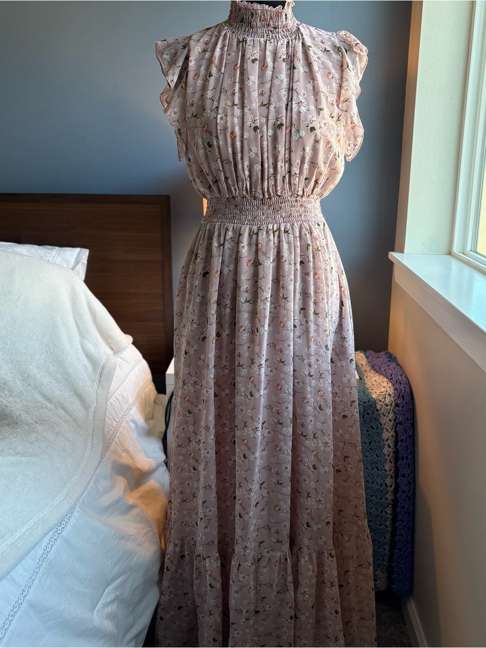 MELLODAY Pink Floral Smocked Maxi Dress with Ruffle Shoulders - Picture 10 of 16